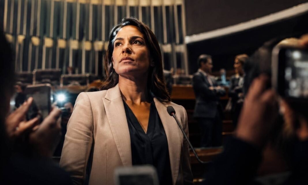 Mulher em ambiente político durante debate sobre violência política contra a mulher em Rondônia