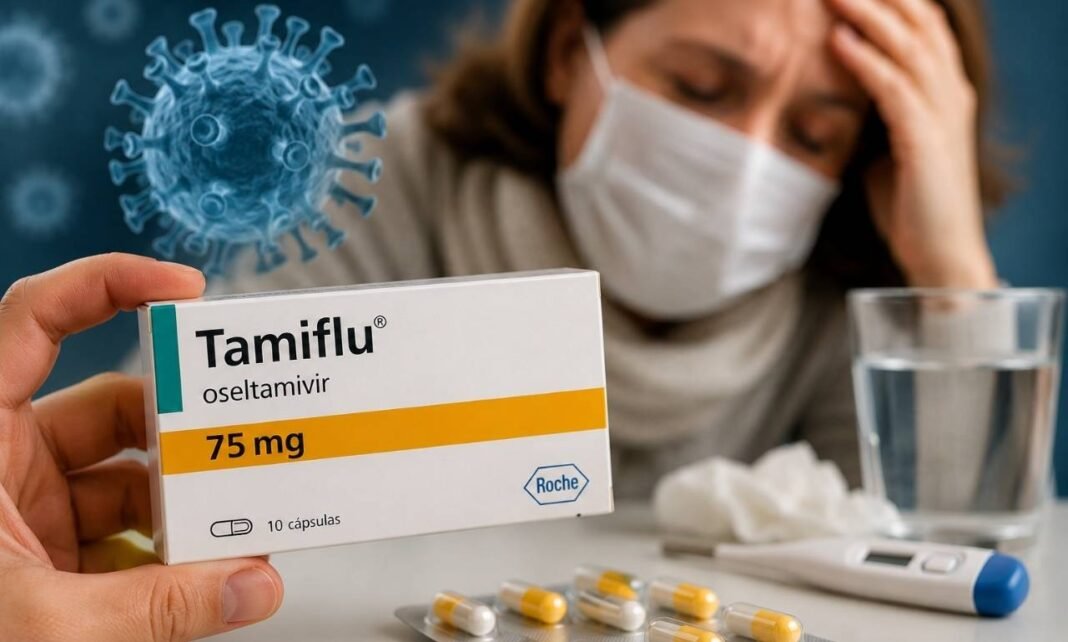 Caixa de Tamiflu em destaque com cápsulas, termômetro e pessoa gripada ao fundo, representando alerta sobre influenza