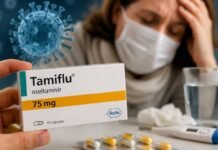 Casos graves de gripe avançam e reacendem alerta sobre uso do Tamiflu Caixa de Tamiflu em destaque com cápsulas, termômetro e pessoa gripada ao fundo, representando alerta sobre influenza