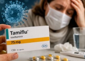 Casos graves de gripe avançam e reacendem alerta sobre uso do Tamiflu Caixa de Tamiflu em destaque com cápsulas, termômetro e pessoa gripada ao fundo, representando alerta sobre influenza