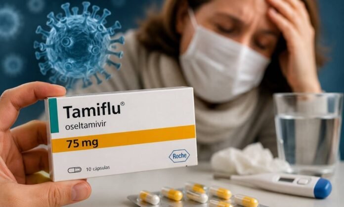 Tamiflu contra influenza em cenário de alerta para casos graves de gripe Caixa de Tamiflu em destaque com cápsulas, termômetro e pessoa gripada ao fundo, representando alerta sobre influenza