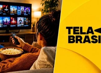 Tela Brasil chega com 500 filmes brasileiros gratuitos para assistir online neste sábado Tela Brasil em destaque com pessoa assistindo filmes brasileiros gratuitos pela TV em ambiente aconchegante