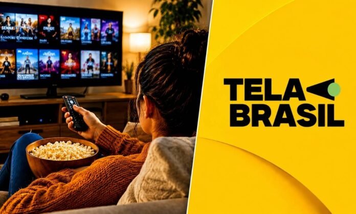 Tela Brasil estreia com filmes brasileiros gratuitos Tela Brasil em destaque com pessoa assistindo filmes brasileiros gratuitos pela TV em ambiente aconchegante