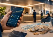 Tesouro lança investimento de R$ 1 para quem quer formar reserva Pessoa usando celular com aplicativo financeiro, notas e moedas sobre a mesa para representar o Tesouro Reserva com aplicação a partir de R$ 1.