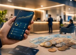 Tesouro lança investimento de R$ 1 para quem quer formar reserva Pessoa usando celular com aplicativo financeiro, notas e moedas sobre a mesa para representar o Tesouro Reserva com aplicação a partir de R$ 1.