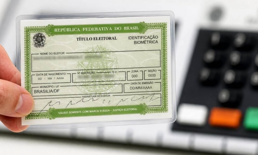Título de eleitor em destaque com urna eletrônica desfocada ao fundo
