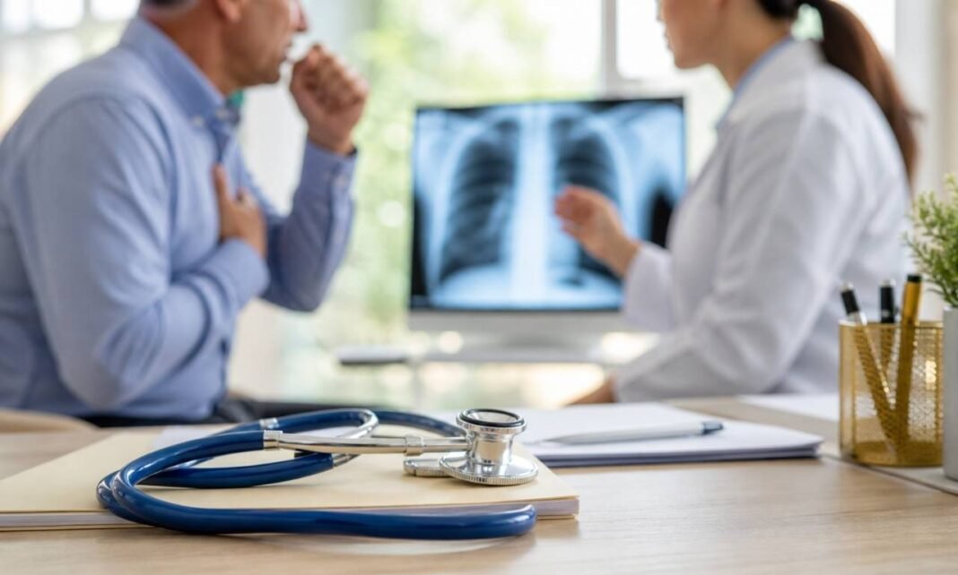 Consulta médica sobre tosse persistente com imagem pulmonar ao fundo