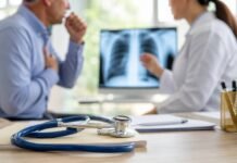 Quando a tosse vira sinal de alerta para doenças no pulmão Consulta médica sobre tosse persistente com imagem pulmonar ao fundo