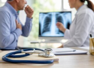 Quando a tosse vira sinal de alerta para doenças no pulmão Consulta médica sobre tosse persistente com imagem pulmonar ao fundo