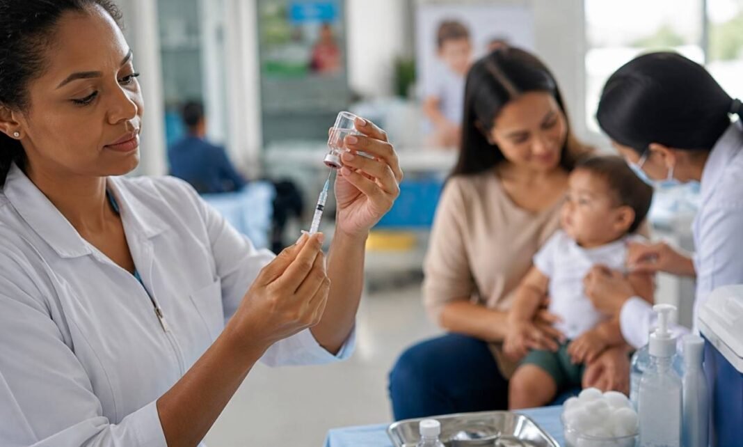 Profissional de saúde prepara dose da vacina pneumocócica no SUS em unidade de vacinação infantil