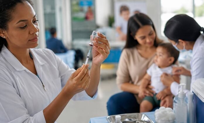 Vacina pneumocócica no SUS terá proteção ampliada com VPC20 Profissional de saúde prepara dose da vacina pneumocócica no SUS em unidade de vacinação infantil