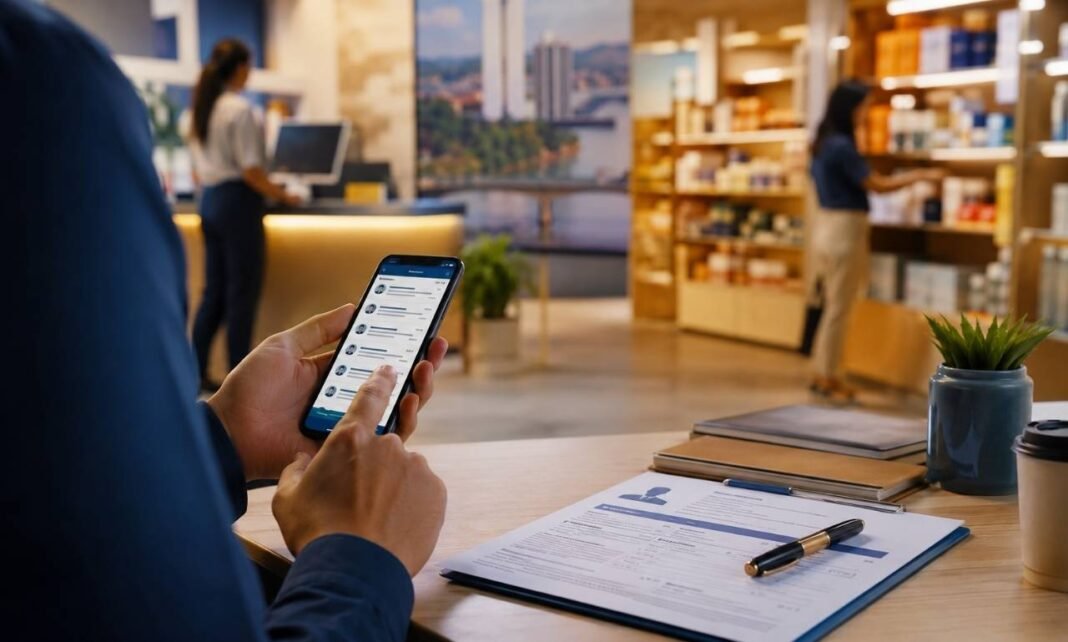 Pessoa consulta vagas de emprego em Rondônia pelo celular, com currículo sobre a mesa e ambiente comercial ao fundo.
