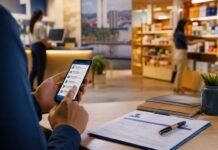 Rondônia tem mais de 2,2 mil vagas de emprego abertas pelo sistema estadual Pessoa consulta vagas de emprego em Rondônia pelo celular, com currículo sobre a mesa e ambiente comercial ao fundo.