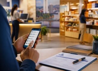Rondônia tem mais de 2,2 mil vagas de emprego abertas pelo sistema estadual Pessoa consulta vagas de emprego em Rondônia pelo celular, com currículo sobre a mesa e ambiente comercial ao fundo.