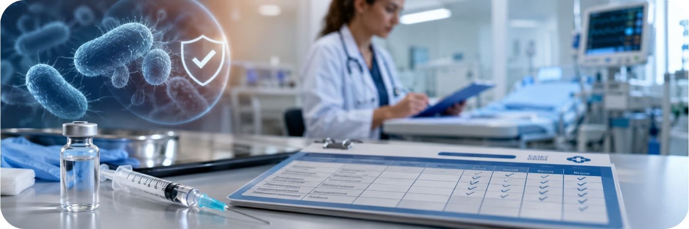 Frasco de vacina, seringa e profissional de saúde em ambiente hospitalar durante alerta sobre meningite em Rondônia
