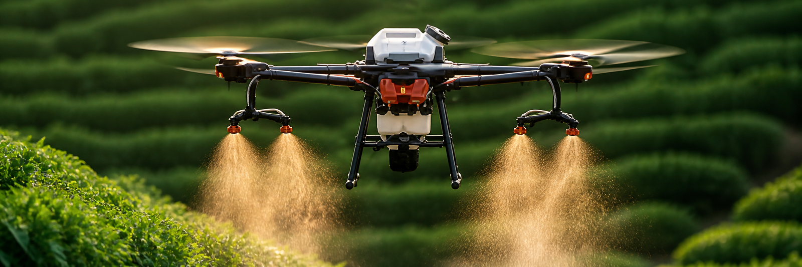 Drone agrícola pulverizando lavoura em imagem macro sobre tecnologia no agro