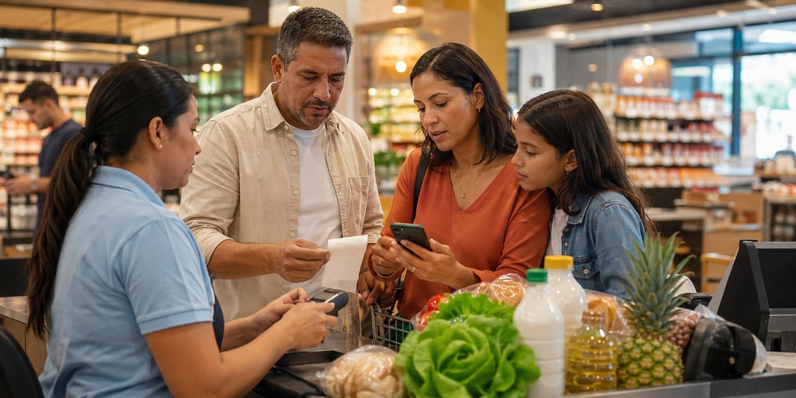 Família confere recibo e celular no caixa de um comércio, representando o debate sobre impostos na rotina do cidadão em Rondônia