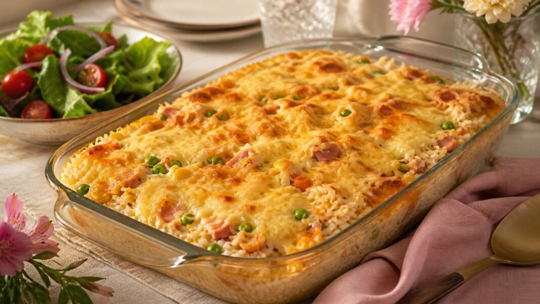 Arroz de forno para o Dia das Mães em travessa de vidro com queijo gratinado e salada