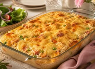 Faltam 4 dias para o Dia das Mães: arroz de forno facilita o almoço em família Arroz de forno para o Dia das Mães em travessa de vidro com queijo gratinado e salada
