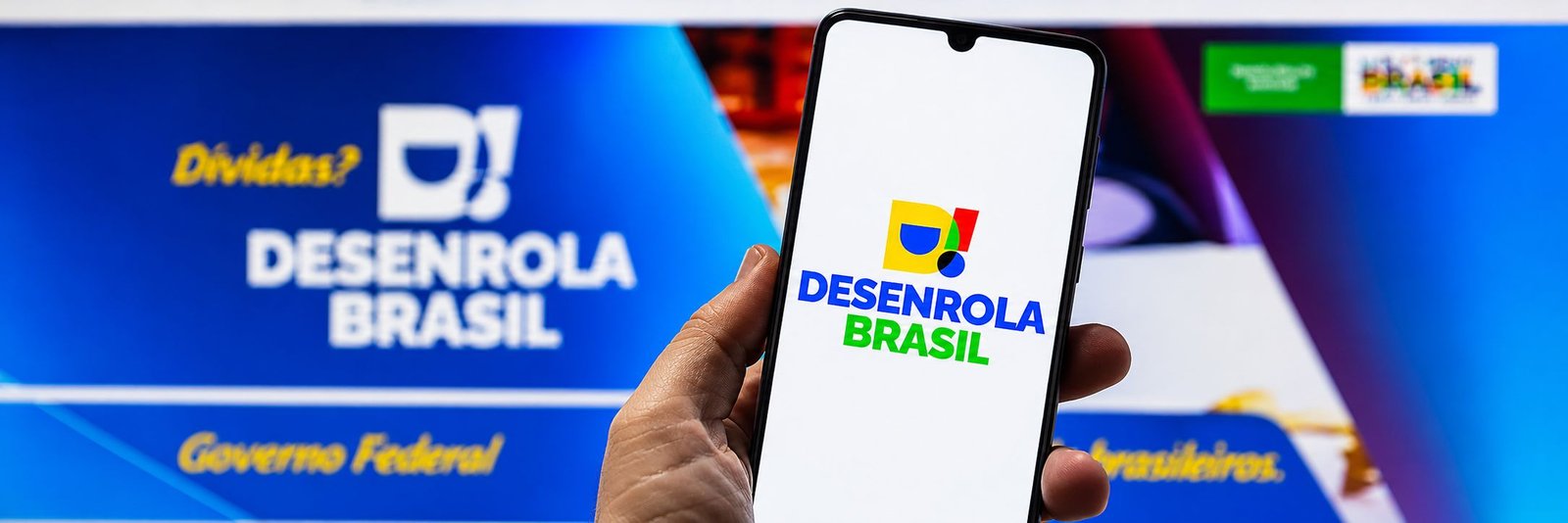 Celular com logo do Desenrola Brasil em destaque sobre fundo digital do programa de renegociação de dívidas