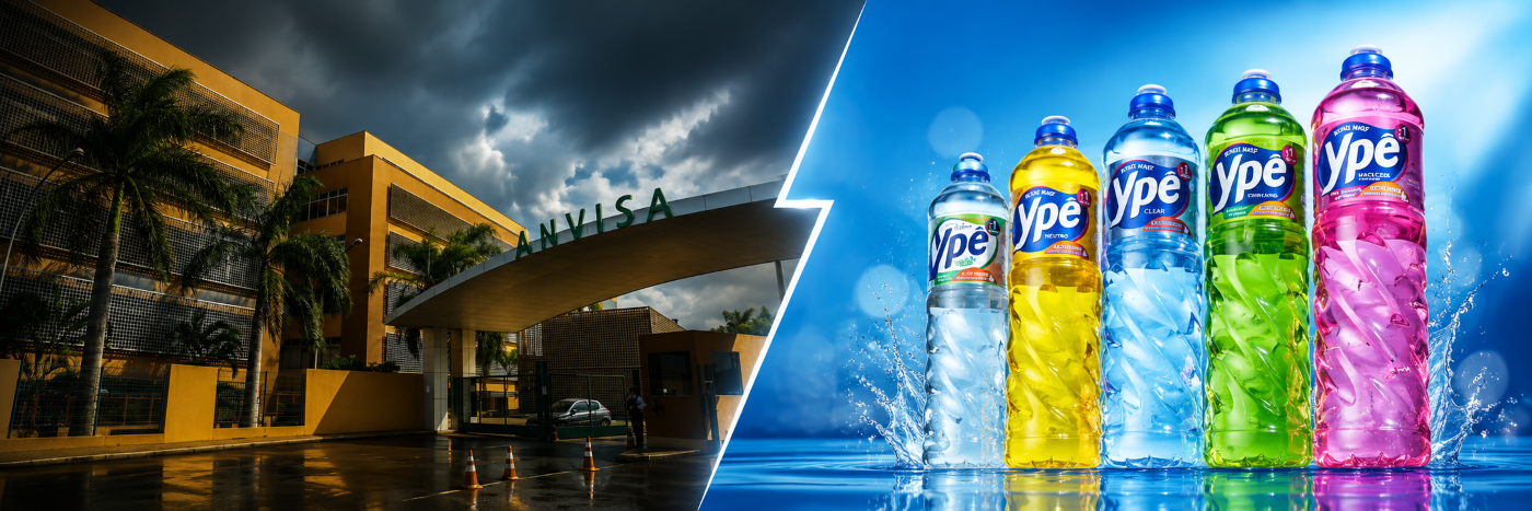 Anvisa VS Ypê em banner editorial com prédio da agência reguladora e produtos de limpeza em lados opostos.