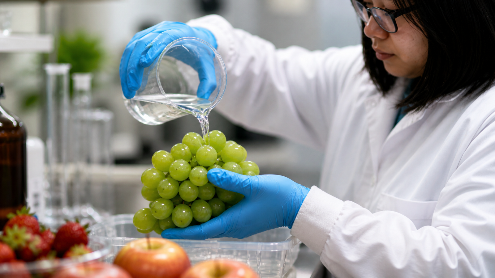 Pesquisadora lava uvas em laboratório em estudo sobre frutas frescas por mais tempo