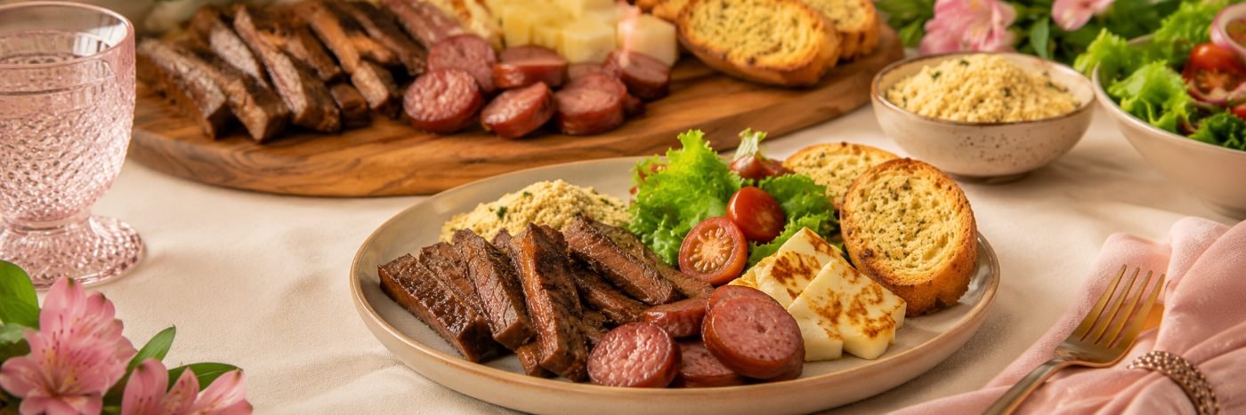 Porção de churrasco na airfryer para o Dia das Mães servida com salada e farofa
