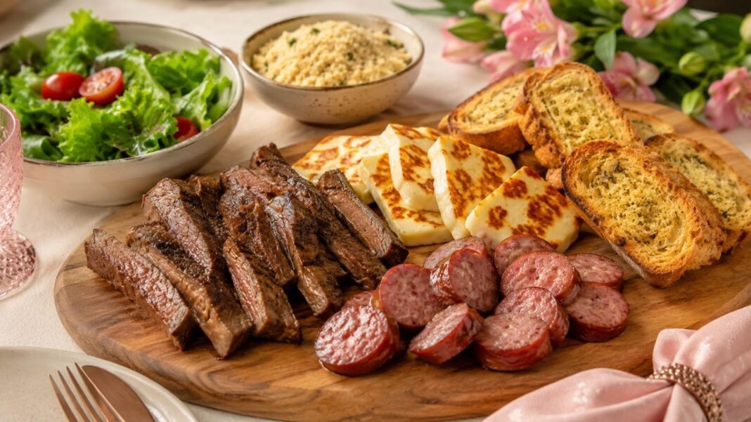 Churrasco na airfryer para o Dia das Mães com carne, linguiça, queijo coalho e pão de alho