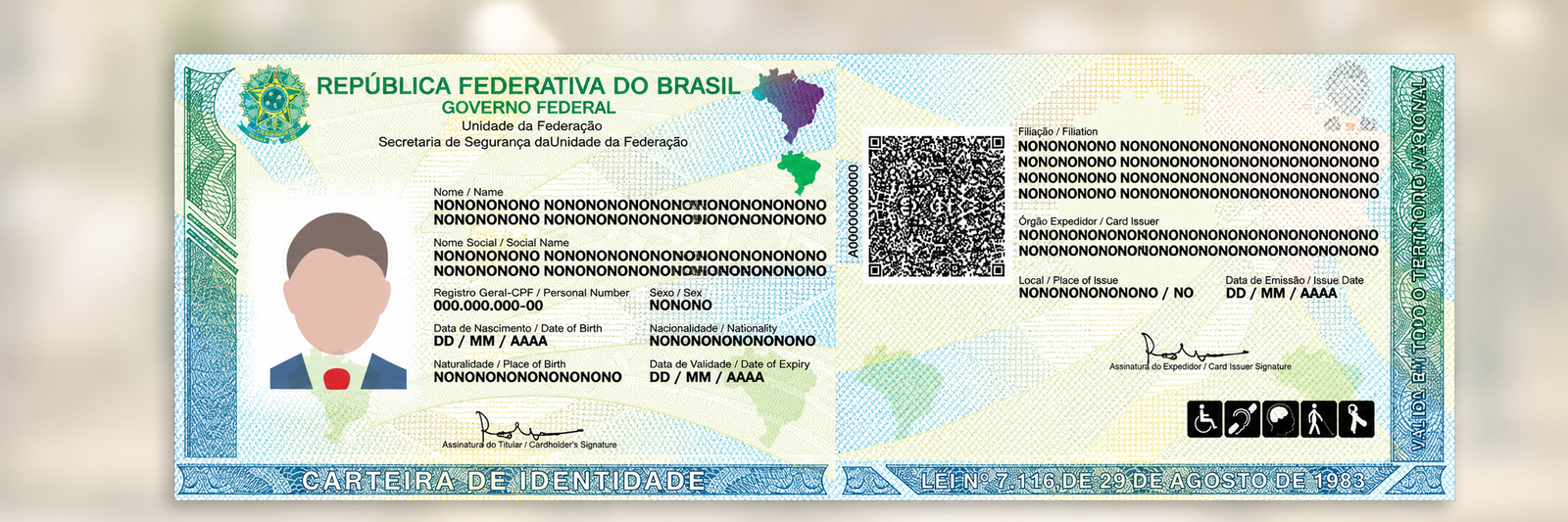 Carteira de Identidade Nacional em formato banner com modelo ilustrativo do documento