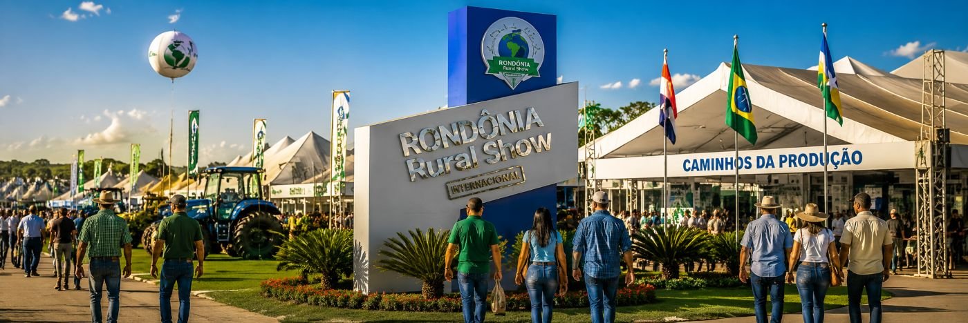 Entrada da Rondônia Rural Show 2026 em Ji-Paraná com visitantes, estandes e estrutura da feira agropecuária