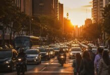 Dia das Vítimas de Trânsito vira lei e reforça alerta nas rodovias Dia das Vítimas de Trânsito com avenida movimentada ao entardecer, carros, motos, ônibus e pedestres na faixa