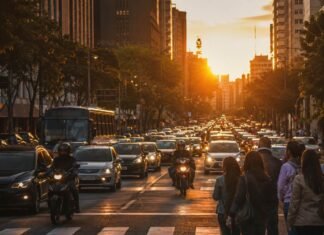 Dia das Vítimas de Trânsito vira lei e reforça alerta nas rodovias Dia das Vítimas de Trânsito com avenida movimentada ao entardecer, carros, motos, ônibus e pedestres na faixa