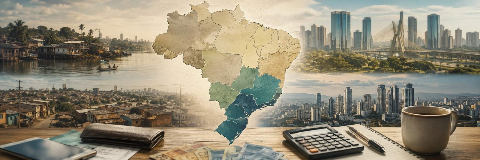 Mapa do Brasil com contraste regional de renda média das famílias e elementos de orçamento doméstico em composição banner