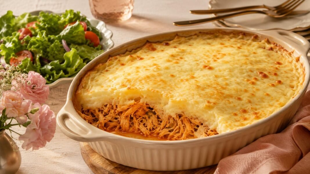 Escondidinho de frango para o Dia das Mães em travessa gratinada sobre mesa familiar