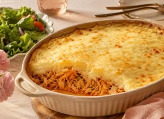 Faltam 3 dias para o Dia das Mães: escondidinho de frango traz sabor afetivo Escondidinho de frango para o Dia das Mães em travessa gratinada sobre mesa familiar