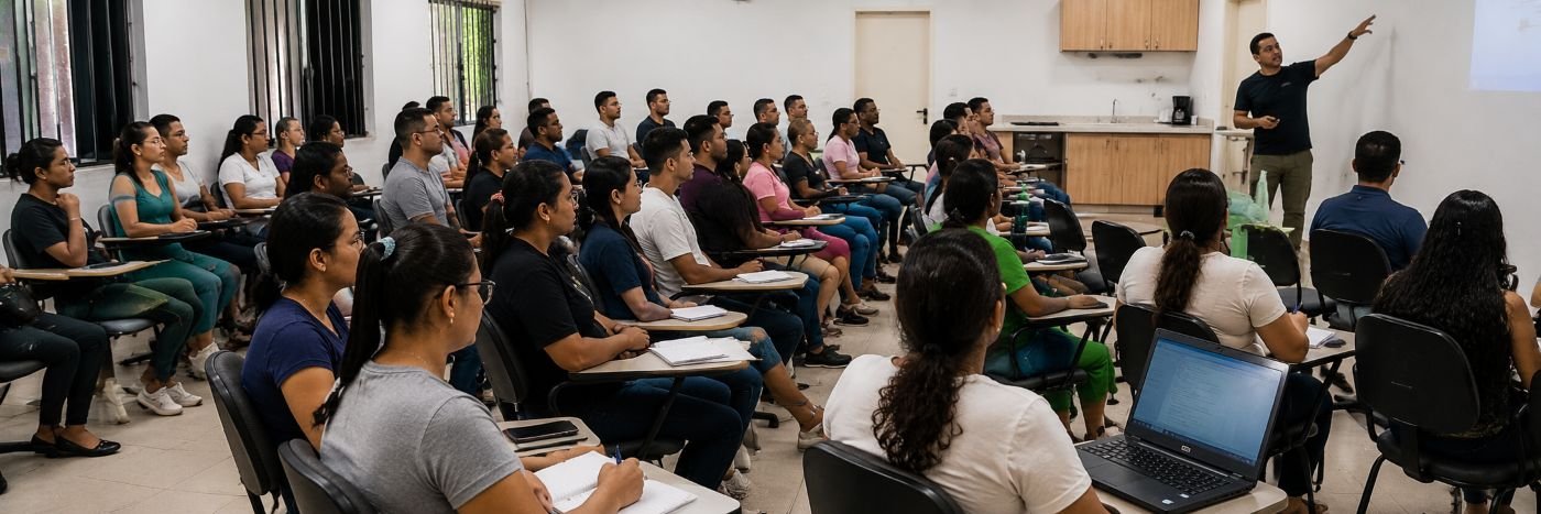 Faixa panorâmica mostra atividades de capacitação e participação de alunos no projeto Acelero Baixo Madeira