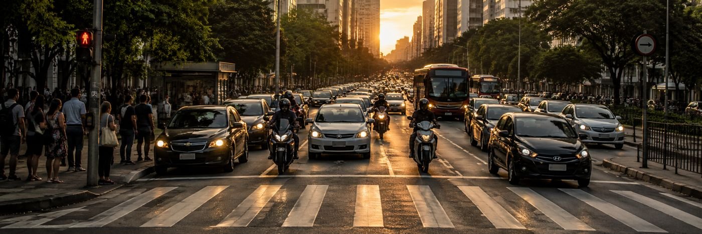 Faixa do Dia das Vítimas de Trânsito mostra avenida brasileira com trânsito intenso, motos, ônibus e pedestres