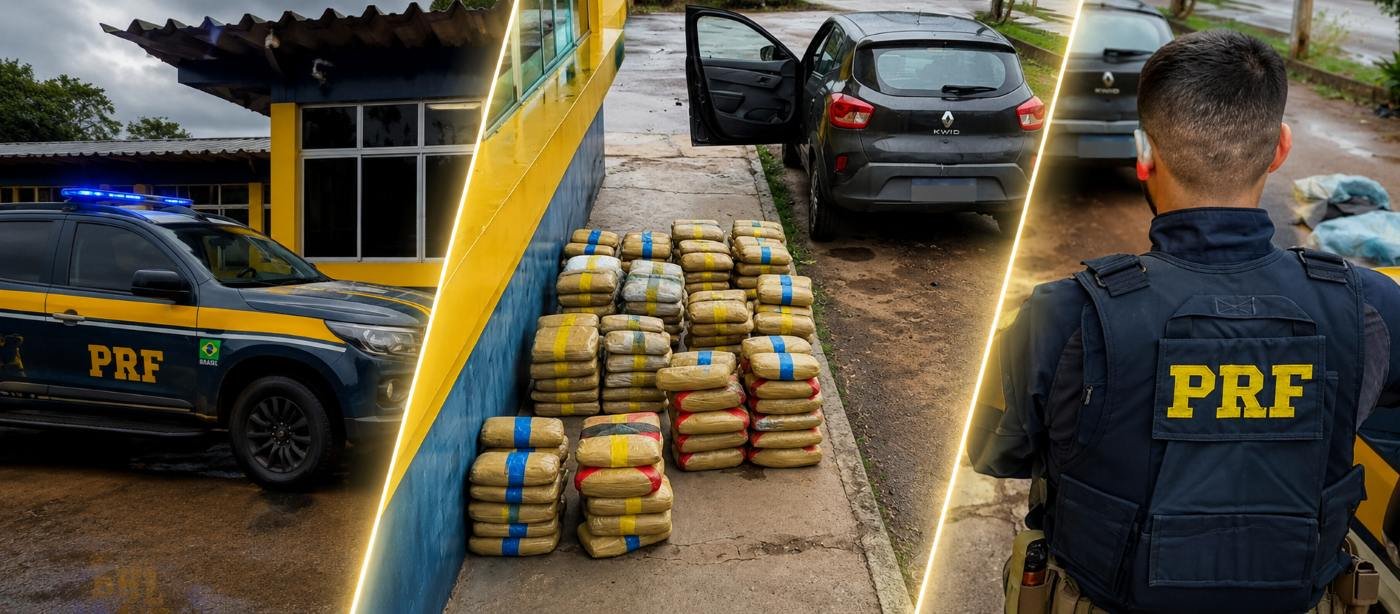 Agente da PRF observa tabletes de skunk na BR-364 após apreensão durante fiscalização