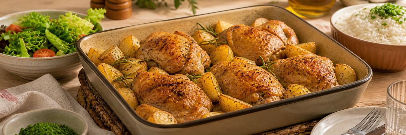 Frango assado com batatas para o almoço de Dia das Mães servido com salada e arroz