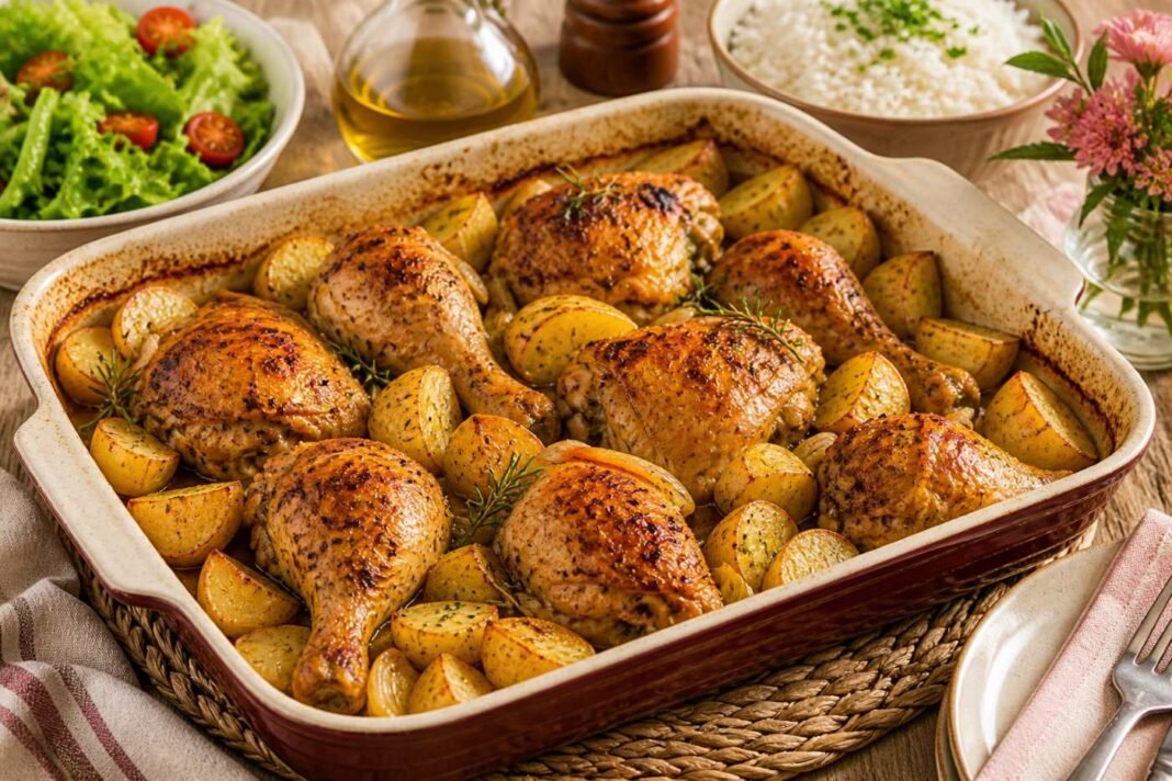 Frango assado para o Dia das Mães servido com batatas em mesa familiar