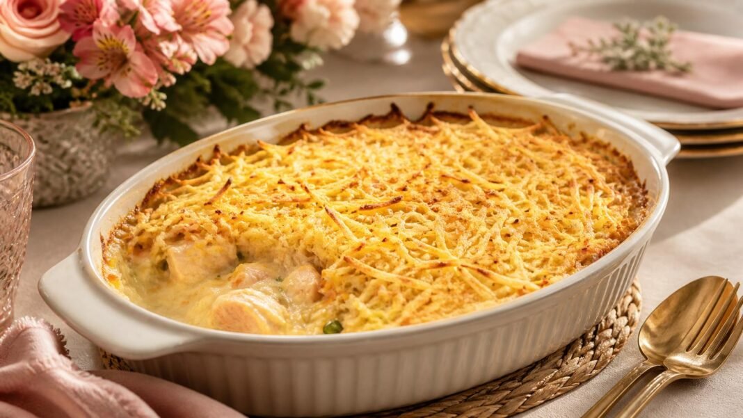 Fricassê de frango para o Dia das Mães servido em travessa cremosa sobre mesa decorada