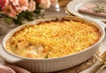 Faltam 9 dias para o Dia das Mães: fricassê de frango abre série de receitas fáceis Fricassê de frango para o Dia das Mães servido em travessa cremosa sobre mesa decorada