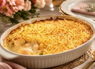 Faltam 9 dias para o Dia das Mães: fricassê de frango abre série de receitas fáceis Fricassê de frango para o Dia das Mães servido em travessa cremosa sobre mesa decorada