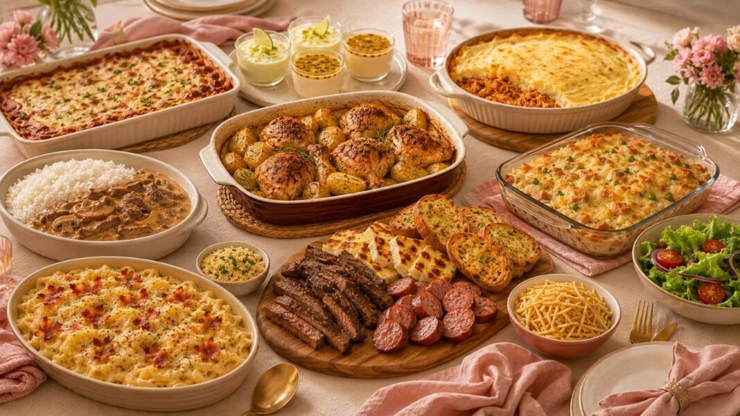 Receitas fáceis para o Dia das Mães reunidas em mesa especial com pratos salgados e mousse