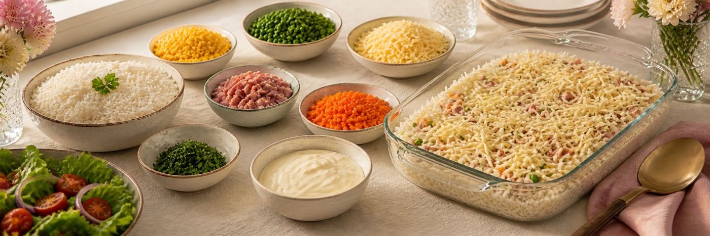 Ingredientes do arroz de forno para o Dia das Mães com arroz, milho, ervilha, cenoura e queijo