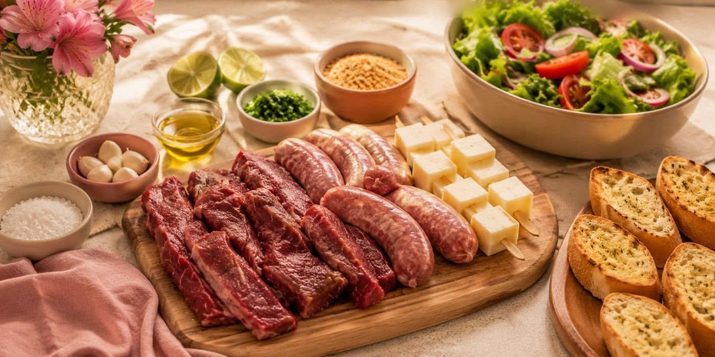 Ingredientes do churrasco na airfryer para o Dia das Mães com carne, linguiça e queijo coalho