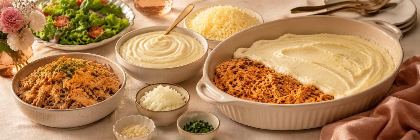 Ingredientes do escondidinho de frango para o Dia das Mães com frango desfiado, purê e queijo