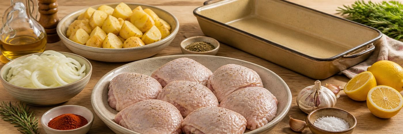 Ingredientes do frango assado para o Dia das Mães com batatas, alho, ervas e assadeira