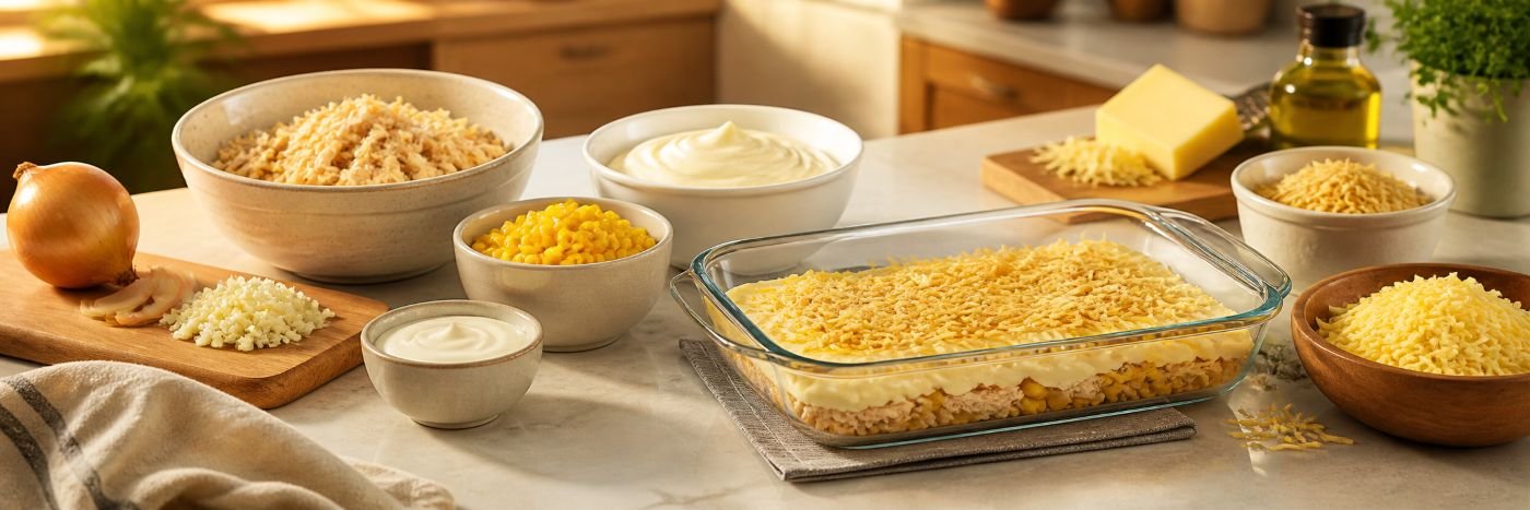 Ingredientes do fricassê de frango para o Dia das Mães organizados em bancada de cozinha