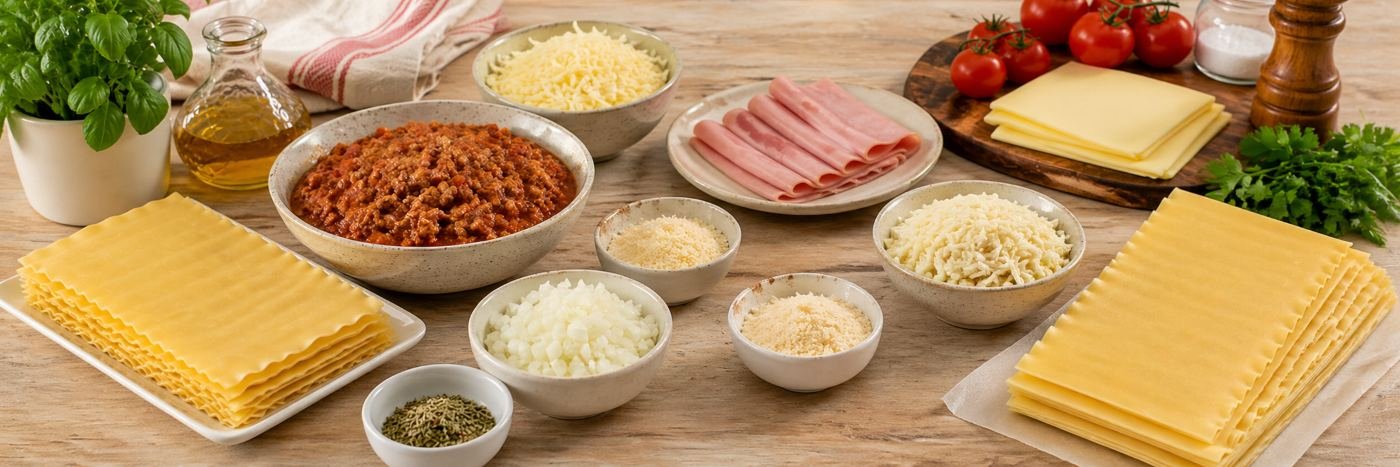 Ingredientes da lasanha para o Dia das Mães com massa pronta, molho, carne moída e queijo